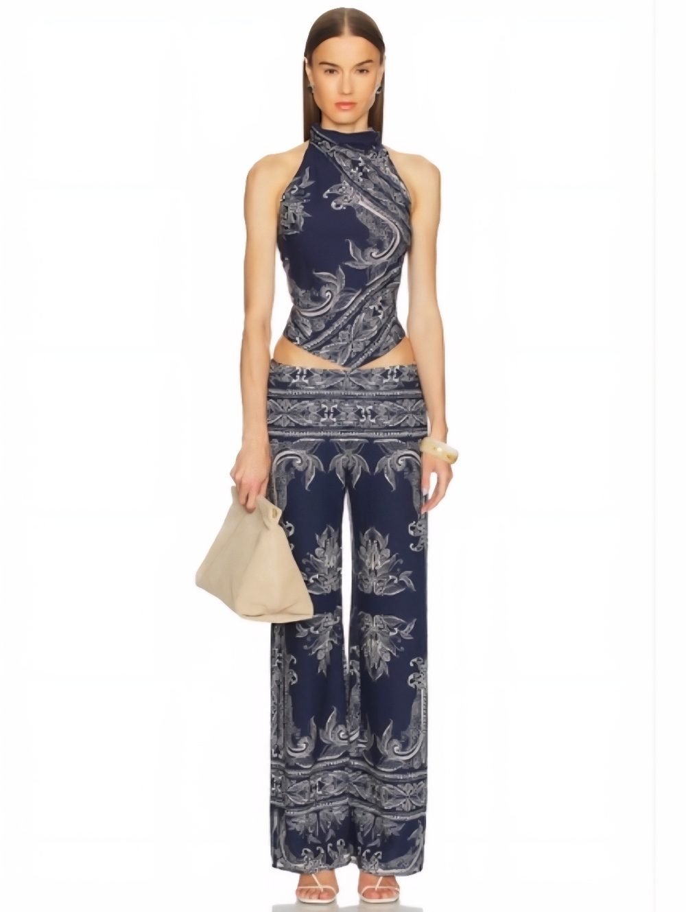 NWT Amanda Uprichard 2026 Navy & White Arielle Paisley Print Pants – Size Medium